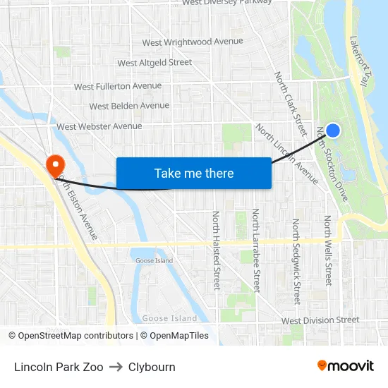 Lincoln Park Zoo to Clybourn map
