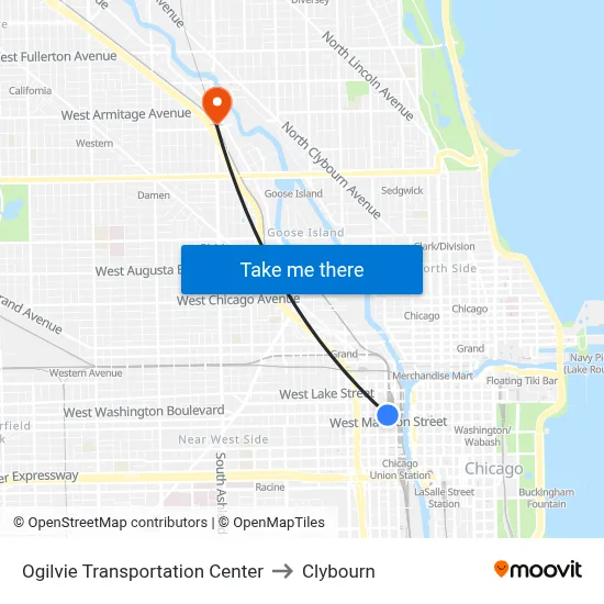 Ogilvie Transportation Center to Clybourn map