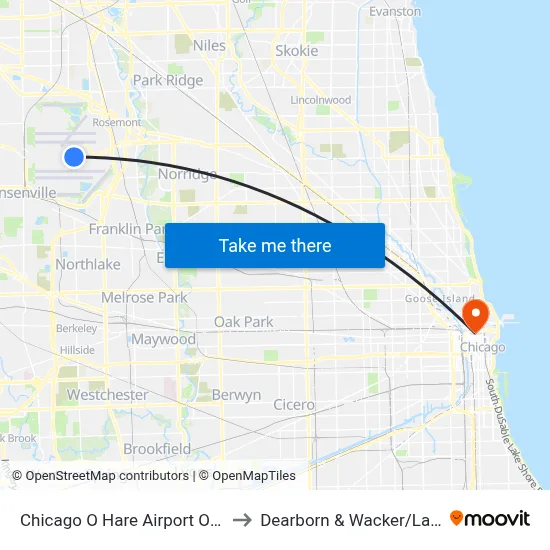 Chicago O Hare Airport ORD to Dearborn & Wacker/Lake map