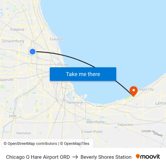 Chicago O Hare Airport ORD to Beverly Shores Station map