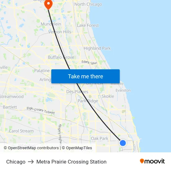 Chicago to Metra Prairie Crossing Station map