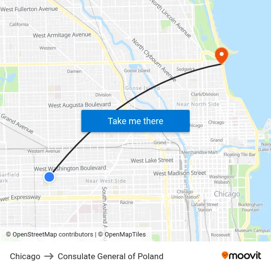 Chicago to Consulate General of Poland map