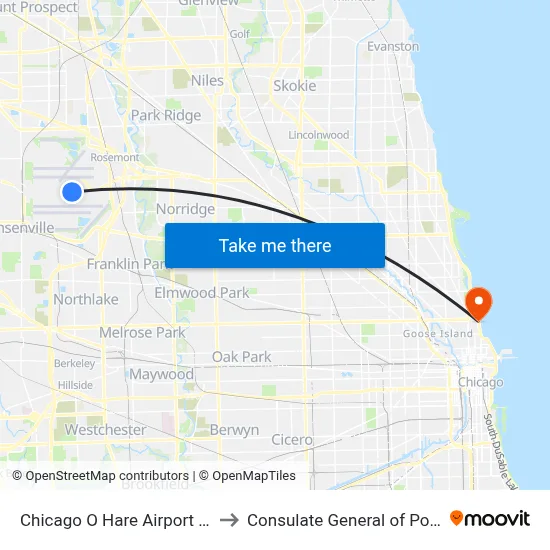 Chicago O Hare Airport ORD to Consulate General of Poland map