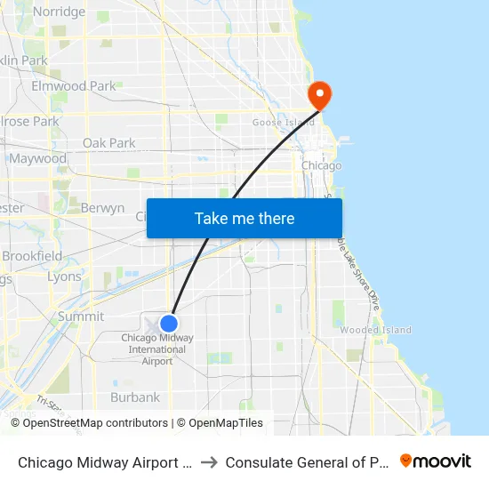 Chicago Midway Airport MDW to Consulate General of Poland map