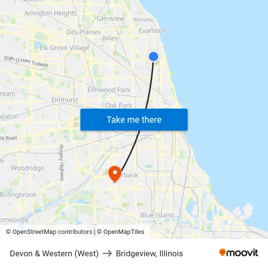 Devon & Western (West) to Bridgeview, Illinois map