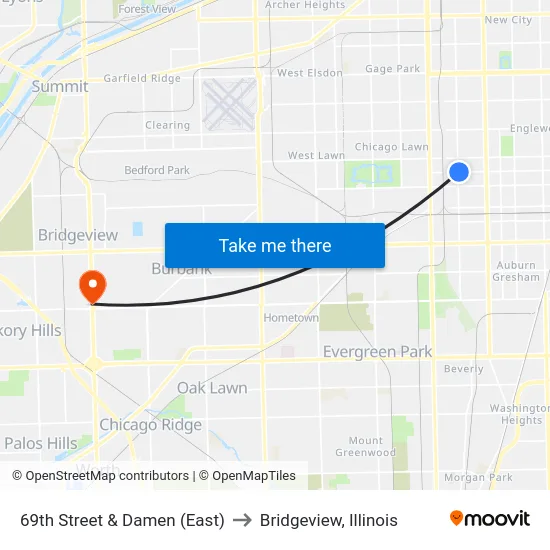 69th Street & Damen (East) to Bridgeview, Illinois map