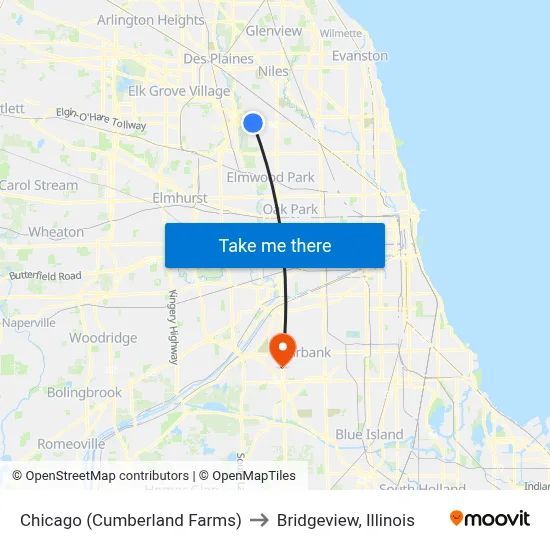 Chicago (Cumberland Farms) to Bridgeview, Illinois map