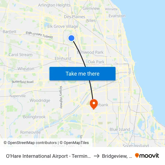 O'Hare International Airport - Terminal 3 Departures to Bridgeview, Illinois map