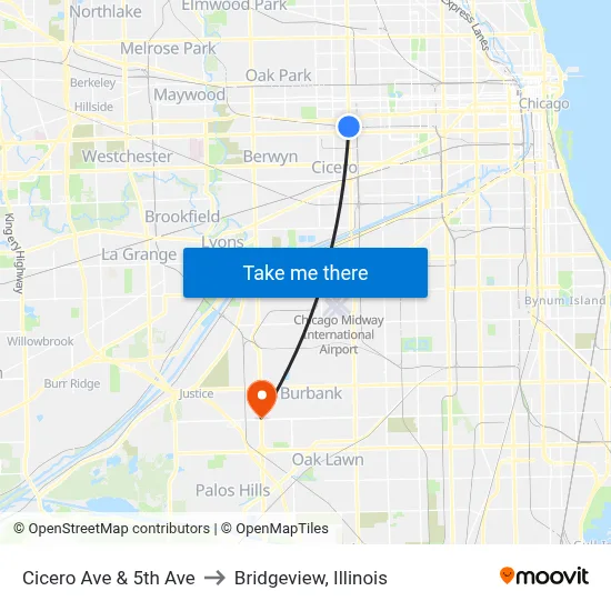 Cicero Ave & 5th Ave to Bridgeview, Illinois map