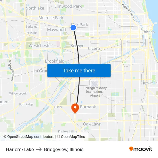 Harlem/Lake to Bridgeview, Illinois map