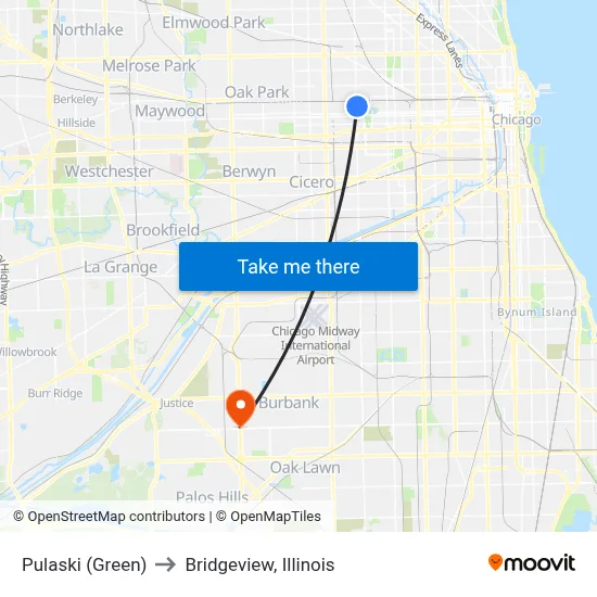 Pulaski (Green) to Bridgeview, Illinois map