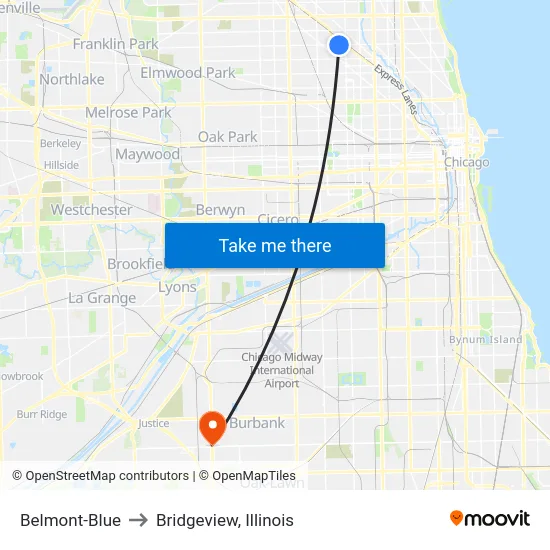 Belmont-Blue to Bridgeview, Illinois map