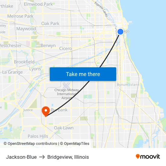 Jackson-Blue to Bridgeview, Illinois map