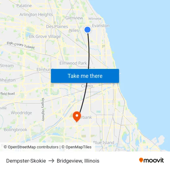 Dempster-Skokie to Bridgeview, Illinois map