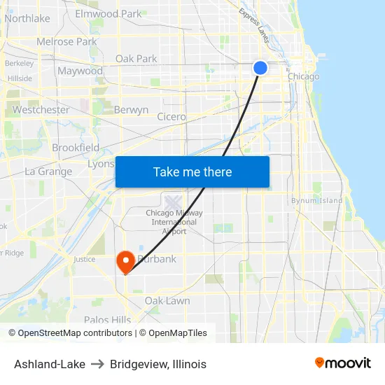 Ashland-Lake to Bridgeview, Illinois map