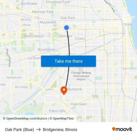 Oak Park (Blue) to Bridgeview, Illinois map