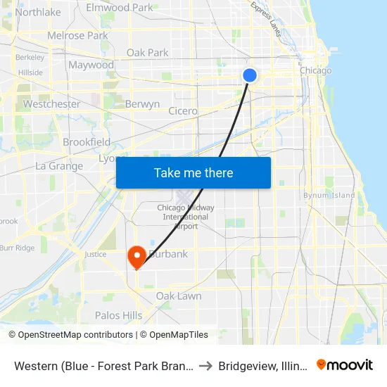 Western (Blue - Forest Park Branch) to Bridgeview, Illinois map