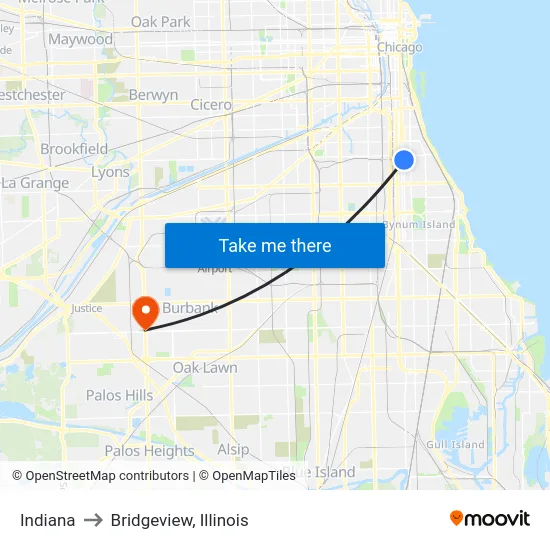 Indiana to Bridgeview, Illinois map