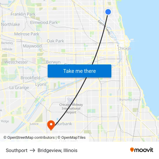 Southport to Bridgeview, Illinois map