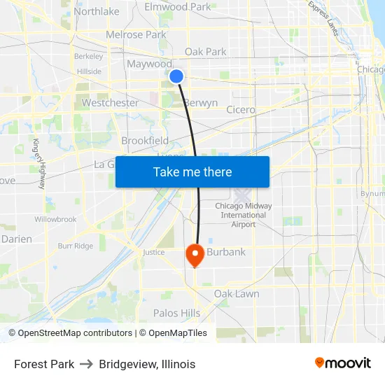 Forest Park to Bridgeview, Illinois map