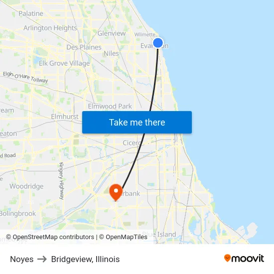 Noyes to Bridgeview, Illinois map