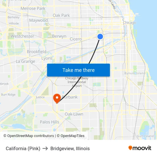 California (Pink) to Bridgeview, Illinois map