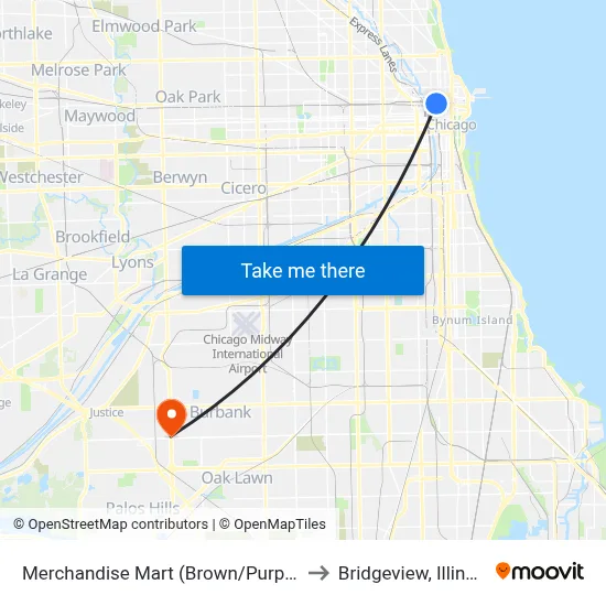 Merchandise Mart (Brown/Purple) to Bridgeview, Illinois map