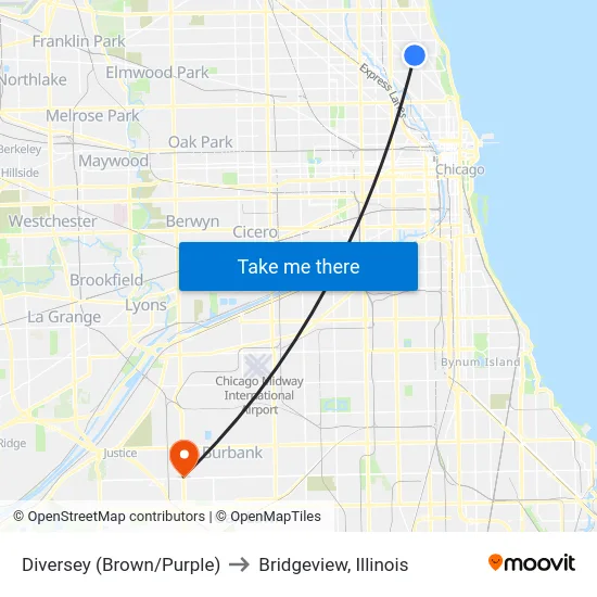 Diversey (Brown/Purple) to Bridgeview, Illinois map