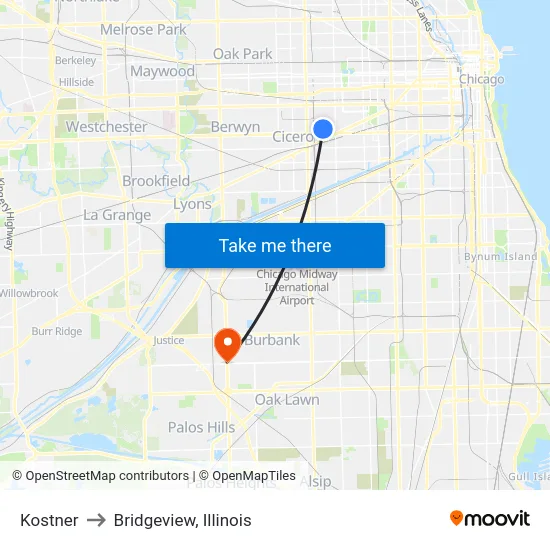 Kostner to Bridgeview, Illinois map