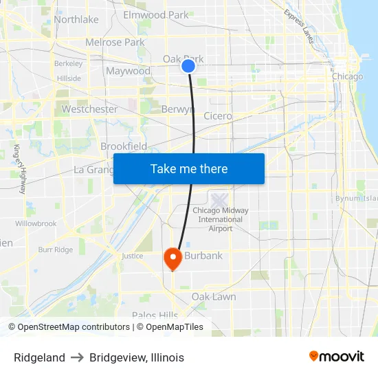 Ridgeland to Bridgeview, Illinois map