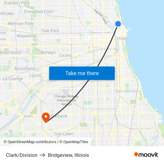 Clark/Division to Bridgeview, Illinois map