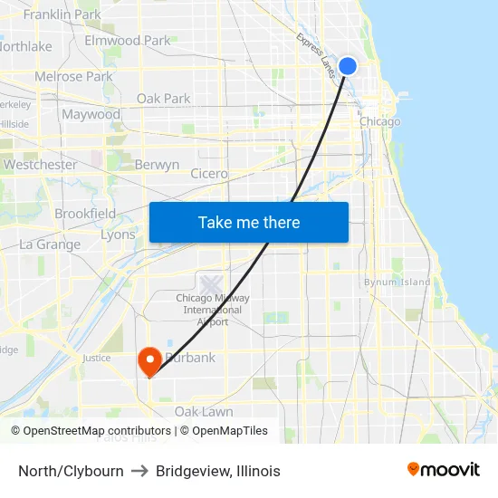 North/Clybourn to Bridgeview, Illinois map