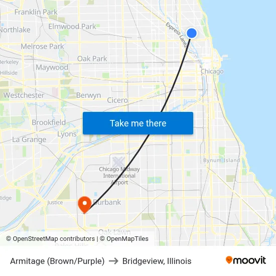 Armitage (Brown/Purple) to Bridgeview, Illinois map