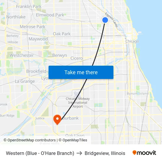 Western (Blue - O'Hare Branch) to Bridgeview, Illinois map