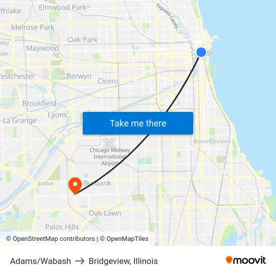 Adams/Wabash to Bridgeview, Illinois map