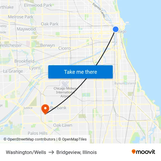 Washington/Wells to Bridgeview, Illinois map