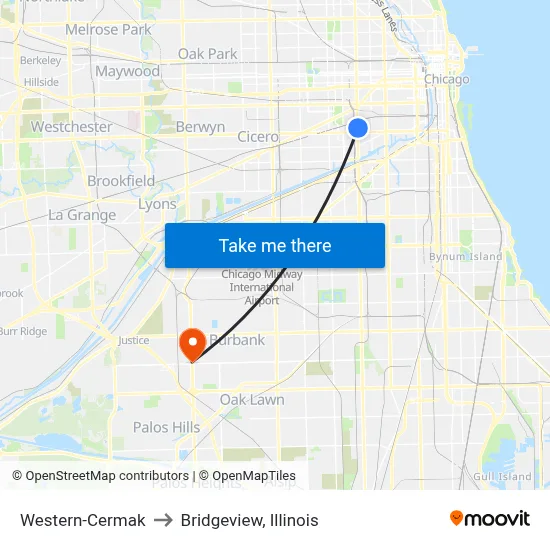 Western-Cermak to Bridgeview, Illinois map