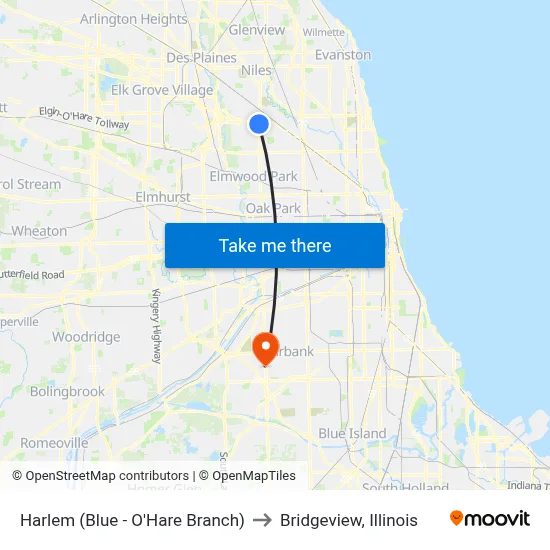 Harlem (Blue - O'Hare Branch) to Bridgeview, Illinois map