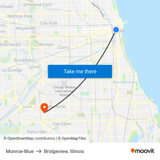 Monroe-Blue to Bridgeview, Illinois map