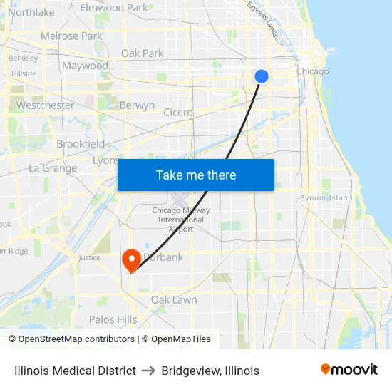 Illinois Medical District to Bridgeview, Illinois map
