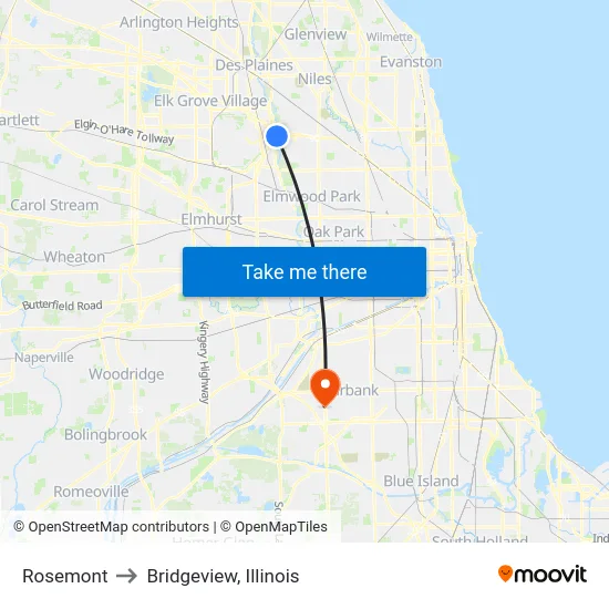 Rosemont to Bridgeview, Illinois map