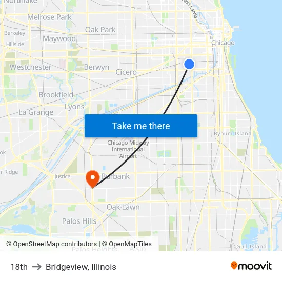 18th to Bridgeview, Illinois map