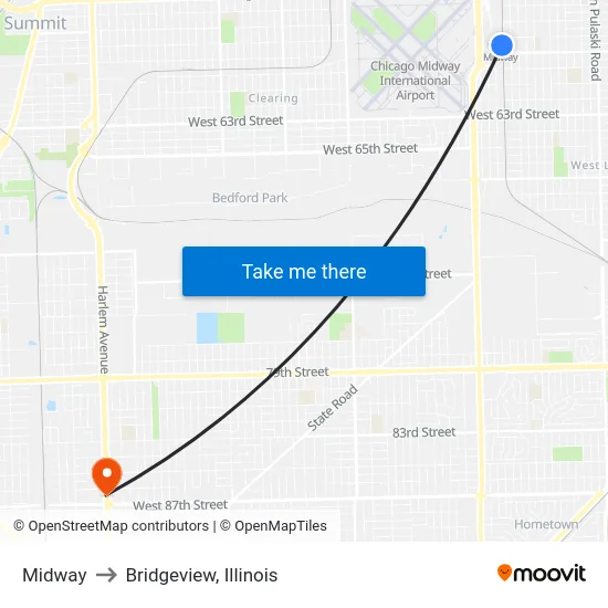 Midway to Bridgeview, Illinois map