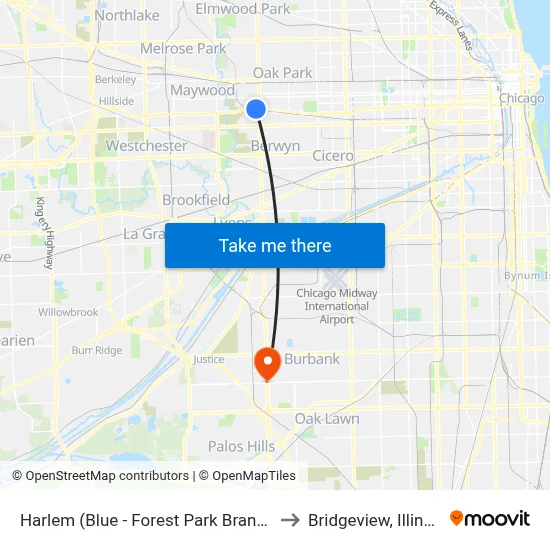 Harlem (Blue - Forest Park Branch) to Bridgeview, Illinois map