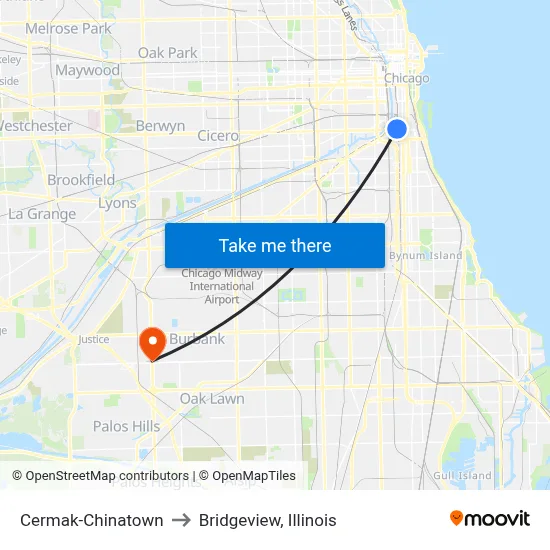 Cermak-Chinatown to Bridgeview, Illinois map