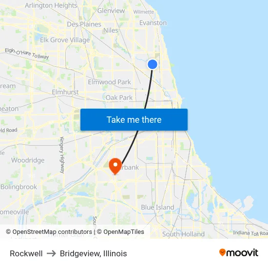 Rockwell to Bridgeview, Illinois map