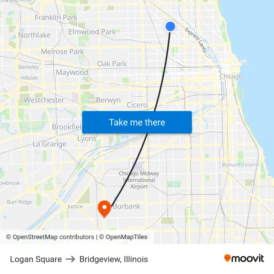 Logan Square to Bridgeview, Illinois map