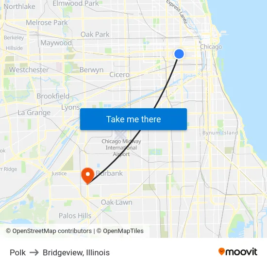 Polk to Bridgeview, Illinois map