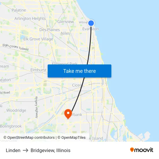 Linden to Bridgeview, Illinois map