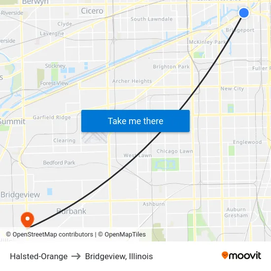 Halsted-Orange to Bridgeview, Illinois map